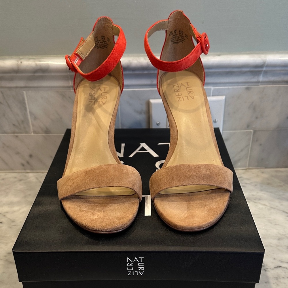 Naturalizer Two-Tone Suede Ankle-Strap Heels in Tan and Coral 3.5 inch heel